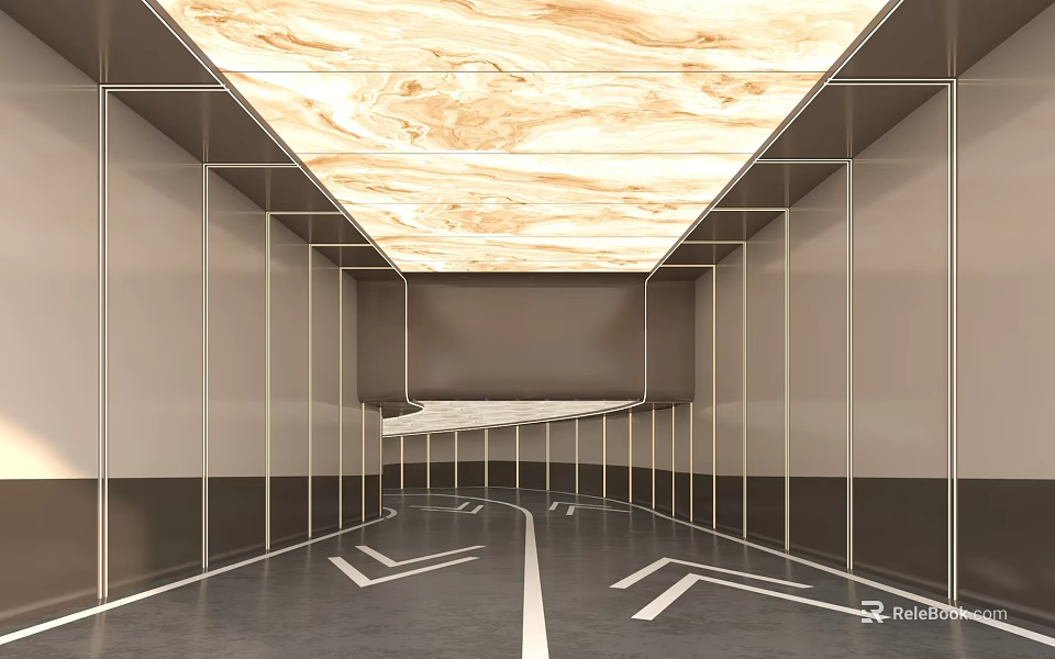 Modern Garage Interior Design With Marble Ceiling And Floor Arrow Markings 3d model 