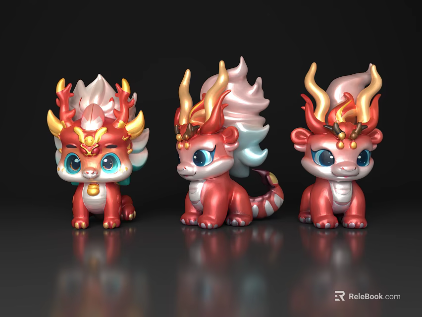 Cute Red Dragon Figurines With Gold Pink Horns And Big Blue Eyes 3d model 