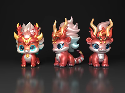 Cute Red Dragon Figurines With Gold Pink Horns And Big Blue Eyes 3d model