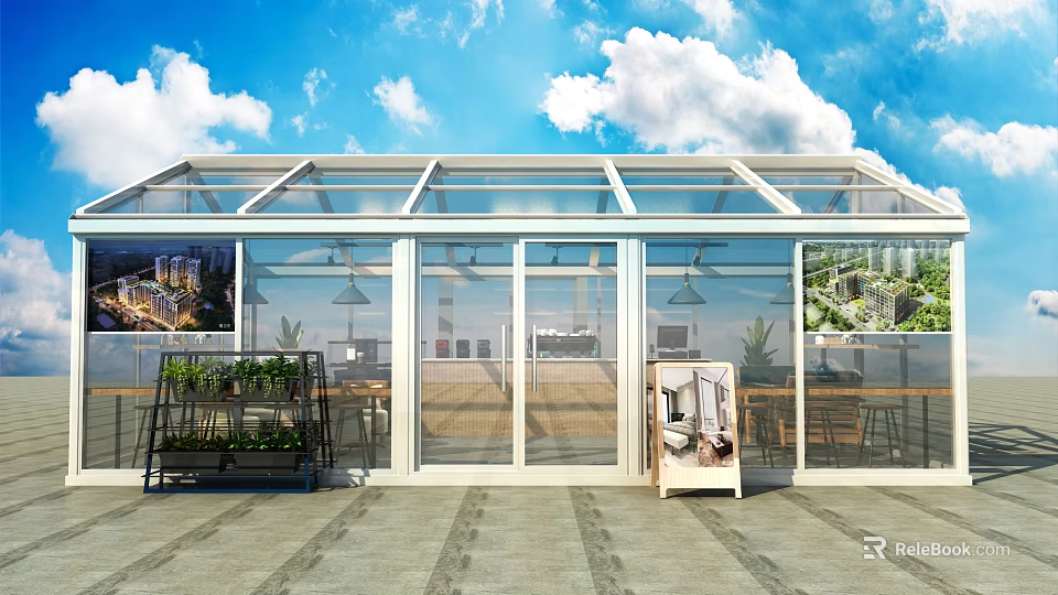 Glass House Structure With Blue Sky White Clouds Plant Shelf And Indoor Tables 3d model 