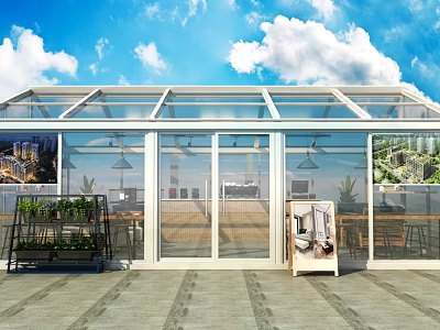 Glass House Structure With Blue Sky White Clouds Plant Shelf And Indoor Tables 3d model