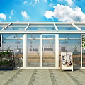 Glass House Structure With Blue Sky White Clouds Plant Shelf And Indoor Tables
