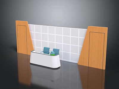 Modern White Reception Desk With Wooden Side Panels And White Grid Patterned Wall 3d model