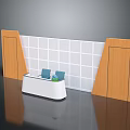 Modern White Reception Desk With Wooden Side Panels And White Grid Patterned Wall