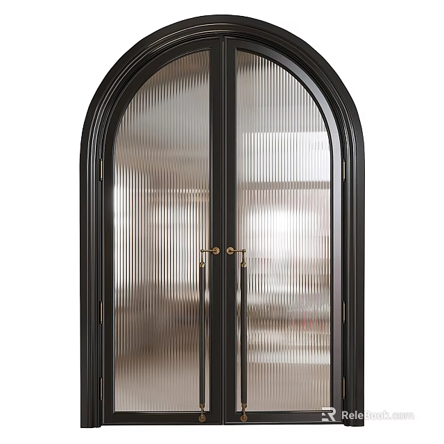 Black Double Doors With Arched Top And Ribbed Glass Golden Handles 3d model 