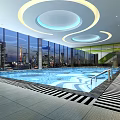 Modern Indoor Swimming Pool With Large Windows Circular Lighting And City View
