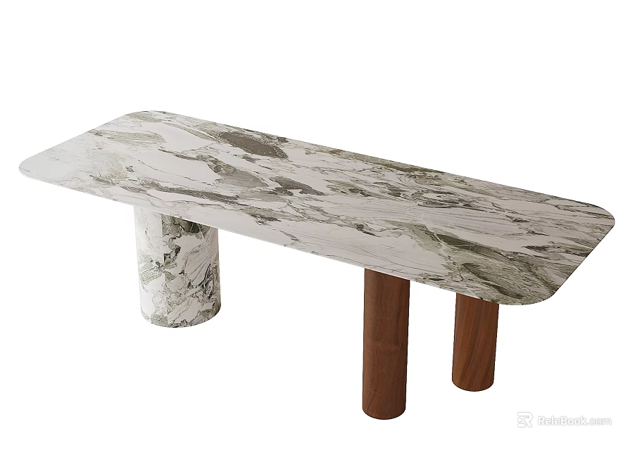 Modern Minimalist Dining Table Design With Marble Top And Wooden Legs 3d model 