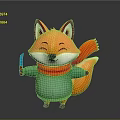 Cute Smiling Orange Fur Cartoon Fox Wearing Red Scarf And Green Sweater Holding Knife