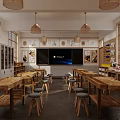 Woodworking Workshop Interior With Wooden Tables Stools Tool Wall Windows And Pendant Lights