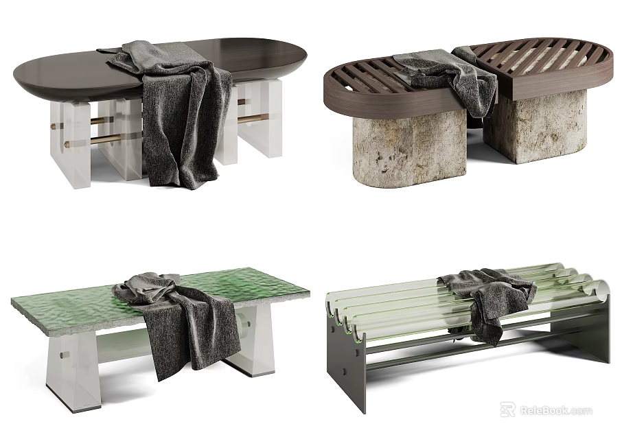 Modern Footstools With Various Designs Shapes Materials And Gray Blankets 3d model 