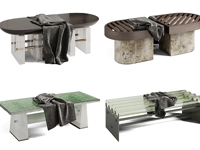 Modern Footstools With Various Designs Shapes Materials And Gray Blankets 3d model