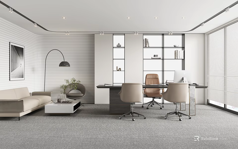 Modern Office Interior Design With Sofa Coffee Table Floor Lamp Potted Plant Bookshelf Desk Chairs 3d model 