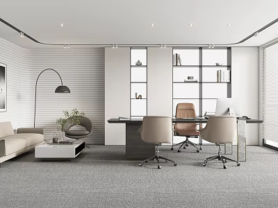 Modern Office Interior Design With Sofa Coffee Table Floor Lamp Potted Plant Bookshelf Desk Chairs 3d model