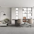 Modern Office Interior Design With Sofa Coffee Table Floor Lamp Potted Plant Bookshelf Desk Chairs