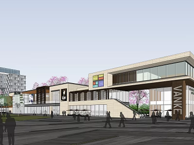 Modern Commercial Complex With Large Glass Windows Colorful Accents Cherry Blossom Trees And Pedestrian Plaza 3d model