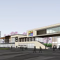 Modern Commercial Complex With Large Glass Windows Colorful Accents Cherry Blossom Trees And Pedestrian Plaza