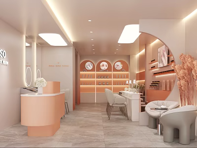 Modern Beauty Salon Interior Design With Pink Mirrors Styling Chairs And Product Shelves 3d model