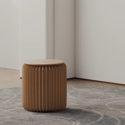Modern Brown Wooden Side Table With Vertical Stripes In Room Corner On Light Rug 3d model