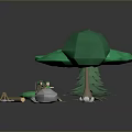 Low Poly Forest Elements With Trees Deer Campfire Stones And Wooden Signpost 3d model