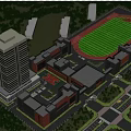 School Campus Buildings Including High Rise Teaching Tower Athletic Stadium And Green Surrounding Trees