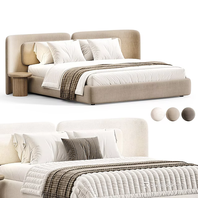 Modern Double Bed Design With Upholstered Headboard Pillows Blanket And Color Options 3d model 