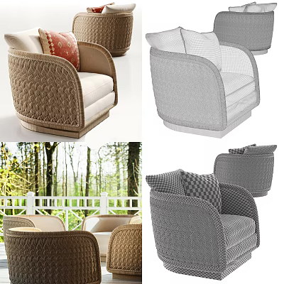 Woven Rattan Outdoor Sofa With Comfortable Cushions On Garden Balcony With Trees 3d model