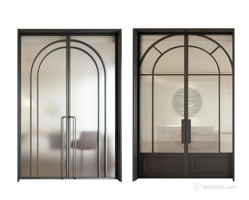 Modern Double Doors With Arched Glass Panels And Black Metal Frames 3d model 