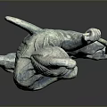 Ancient Bronze Man Statue Wearing Helmet Kneeling And Holding Bow