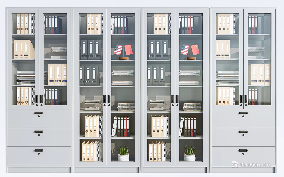 Modern Glass Door Bookcases With Binders Shelves Drawers And Small Plants 3d model 