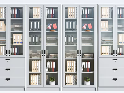 Modern Glass Door Bookcases With Binders Shelves Drawers And Small Plants 3d model