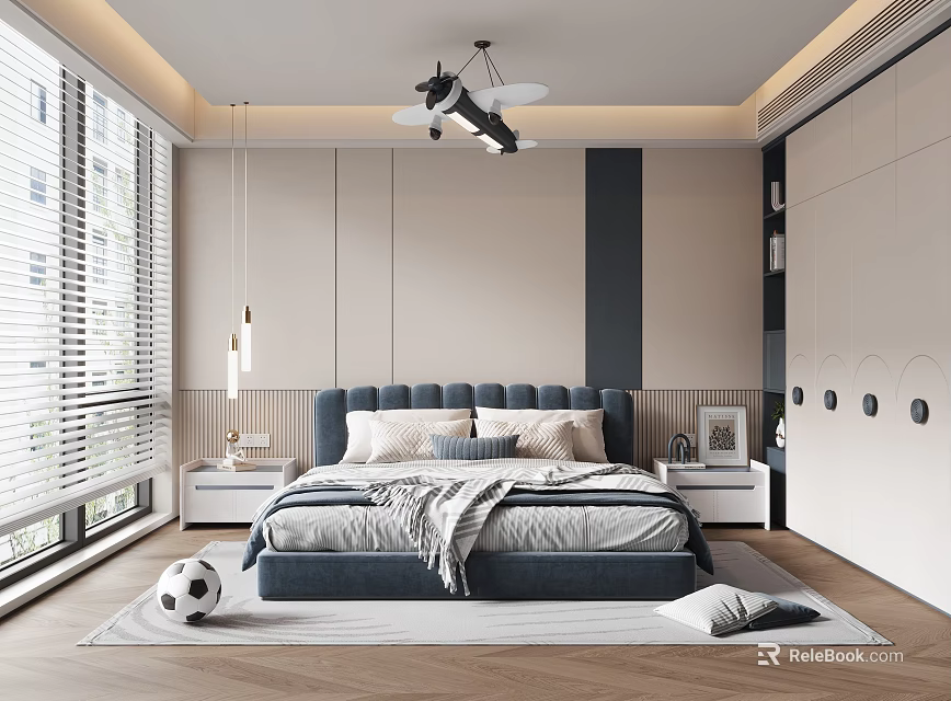 Kids Room Interior Design With Dark Blue Headboard Airplane Chandelier Bed Pillows And Soccer Ball 3d model 