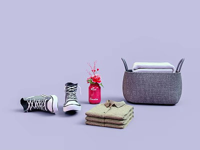 Gray Woven Storage Basket With Sneakers Flowers And Folded Clothes 3d model