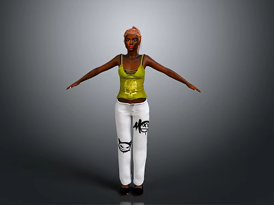 Child With Pink Hair Wearing Yellow Tank Top And White Pants With Black Patterns 3d model
