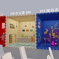 Red Themed Exhibition Booth Interior With Stage Seats And Display Counters 3d model
