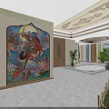 Traditional Hallway Interior With Round Ceiling Blue Patterned Ornament And Plants