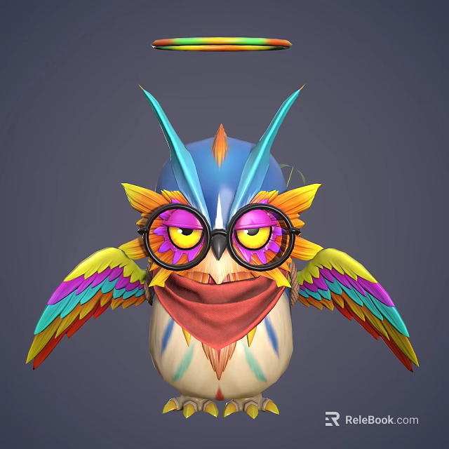 Colorful Owl Game Movie Character With Blue Horns Yellow Ears And Purple Glasses 3d model 