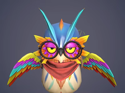 Colorful Owl Game Movie Character With Blue Horns Yellow Ears And Purple Glasses 3d model