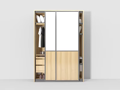 Modern Wooden Wardrobe With Sliding Mirror Door Hanging Clothes And Drawers 3d model