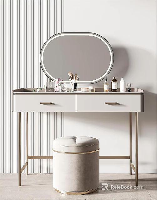 White Dressing Table with Round Mirror on Striped Wall Makeup Brushes Cosmetics Drawers and Stool 3d model 