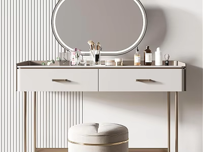 White Dressing Table with Round Mirror on Striped Wall Makeup Brushes Cosmetics Drawers and Stool 3d model