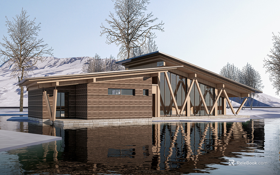 Modern Wooden Waterfront Post Station With Snowy Mountain View Large Glass Windows And Reflection 3d model 