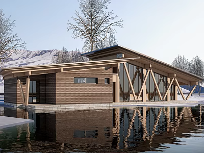 Modern Wooden Waterfront Post Station With Snowy Mountain View Large Glass Windows And Reflection 3d model