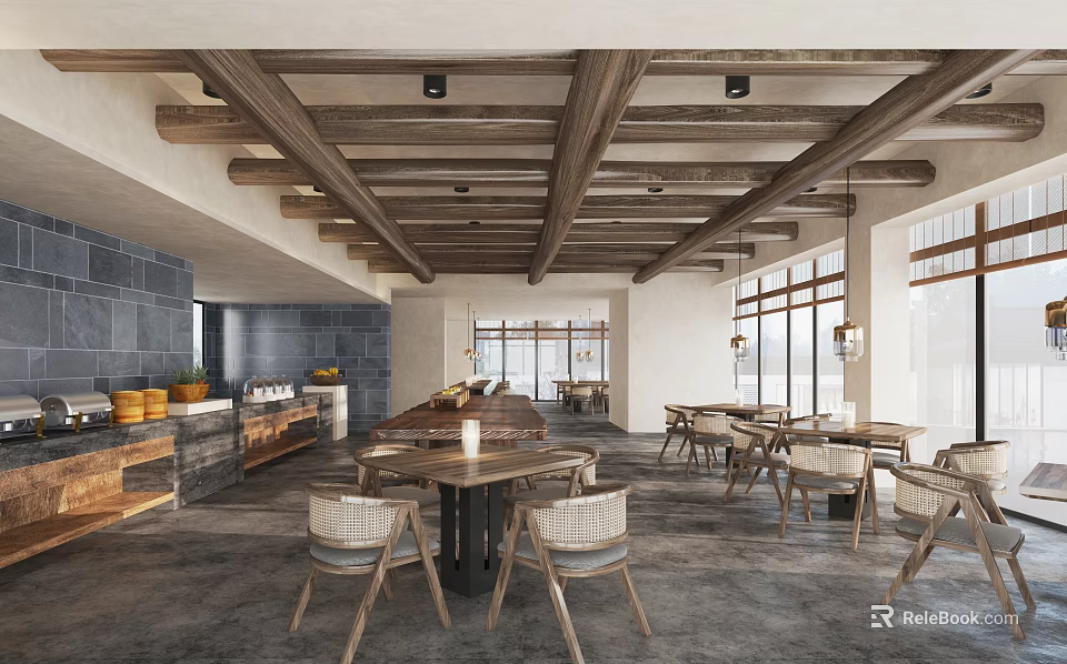 Rustic Restaurant Interior With Wooden Beam Ceiling Large Windows And Stone Wall 3d model 
