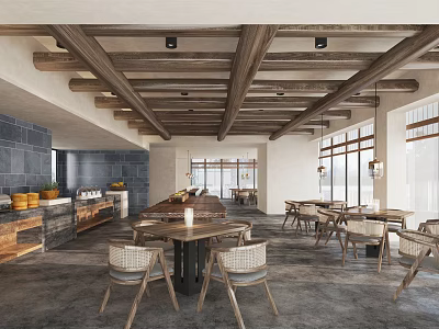 Rustic Restaurant Interior With Wooden Beam Ceiling Large Windows And Stone Wall 3d model