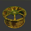 Rusty Yellow Tire Rim With Worn Metal Surface And Spoke Design