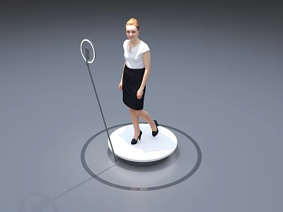 Woman In White Top And Black Skirt Standing On White Circular Platform With Ring Light 3d model
