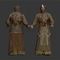 Two Medieval Style Characters in Ornate Costumes with Horned Helmet and Cloak Front Back Views