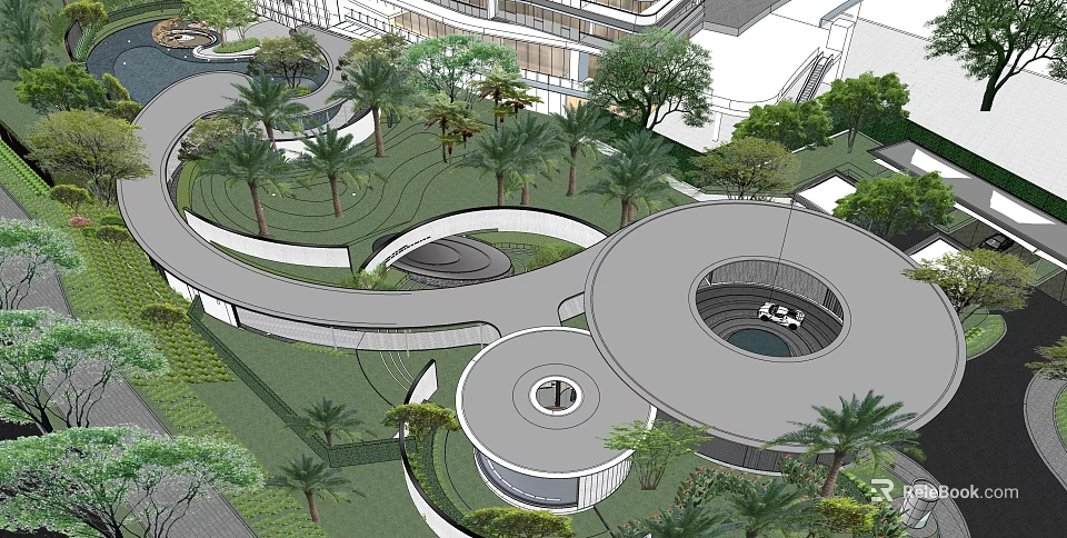 Modern Garden Landscape Featuring Curved Pathways Circular Structures And Palm Trees 3d model