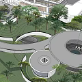 Modern Garden Landscape Featuring Curved Pathways Circular Structures And Palm Trees 3d model