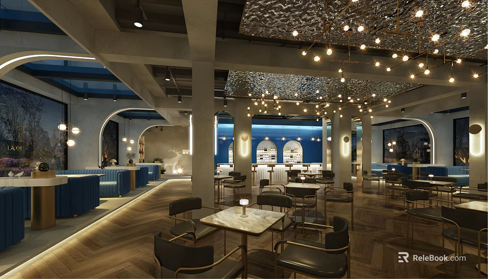 Modern Bar Interior Design With Chandelier Lighting Marble Tables And Metal Chairs 3d model 